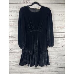 LOFT Dress Women's 12 Black Velvet Long Sleeve Fit Flare Drop Waist Knee Length